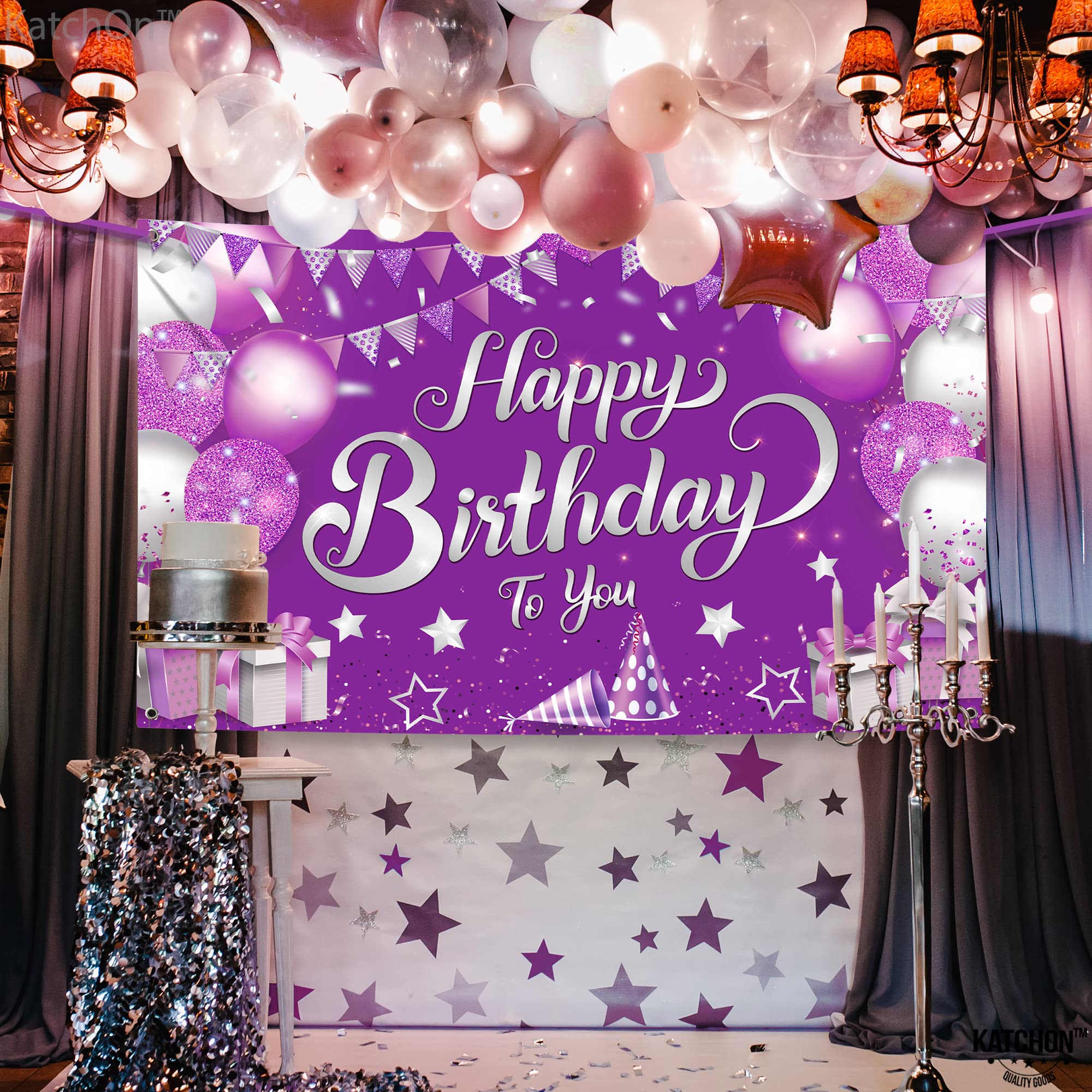 KatchOn XtraLarge Purple Happy Birthday Banner - 72x44 Inch Cloth Backdrop for Birthday Decorations, Reusable Party Banner with Silver & Rose Gold Accents