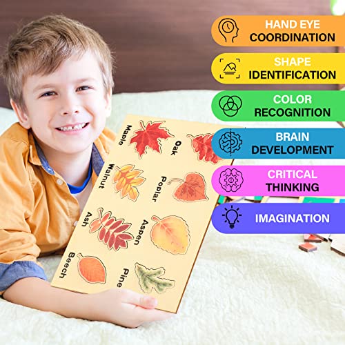 Kathfly 2-Piece Wooden Leaf Jigsaw Puzzle Set - 16 Colorful Leaves Montessori Educational Toy