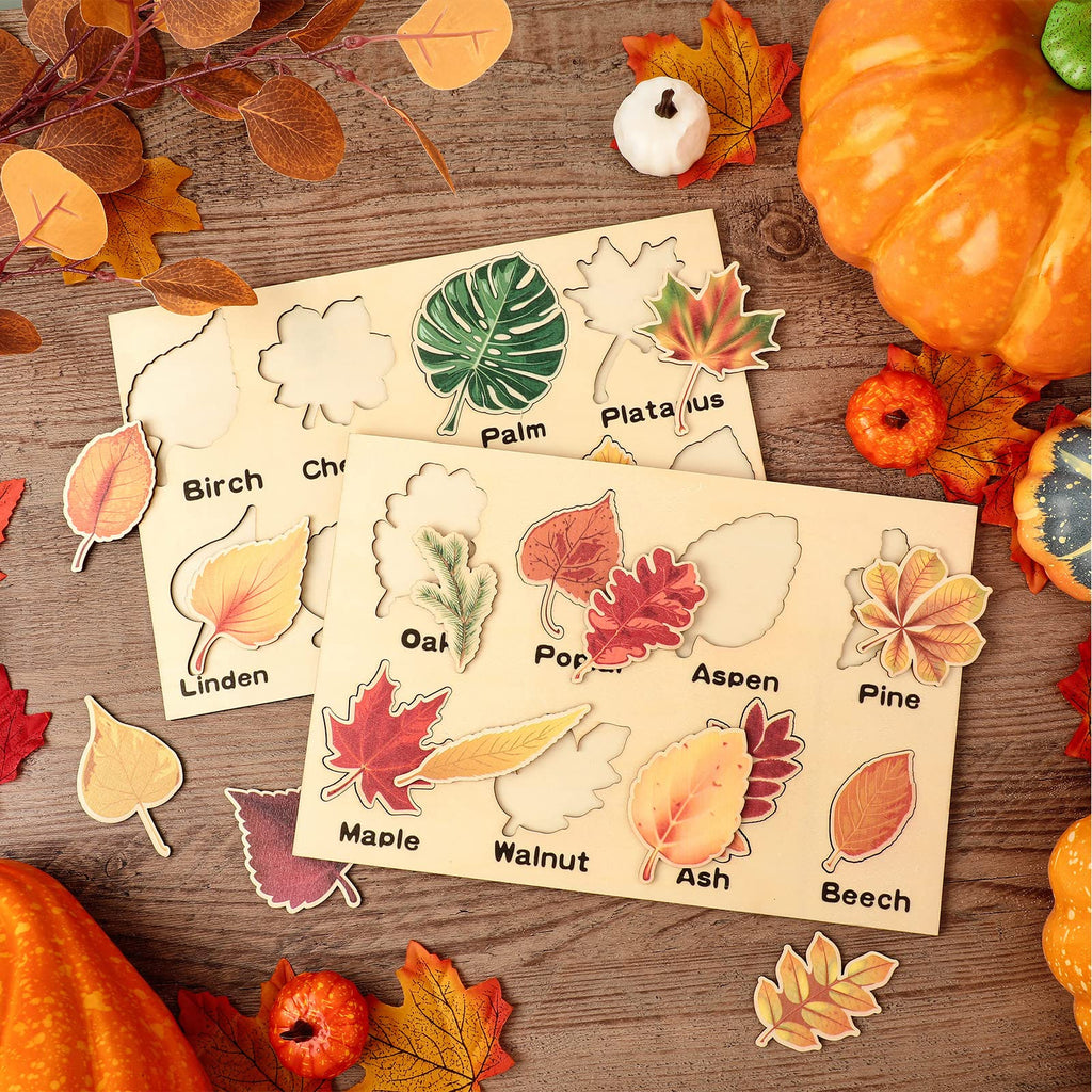Kathfly 2-Piece Wooden Leaf Jigsaw Puzzle Set - 16 Colorful Leaves Montessori Educational Toy