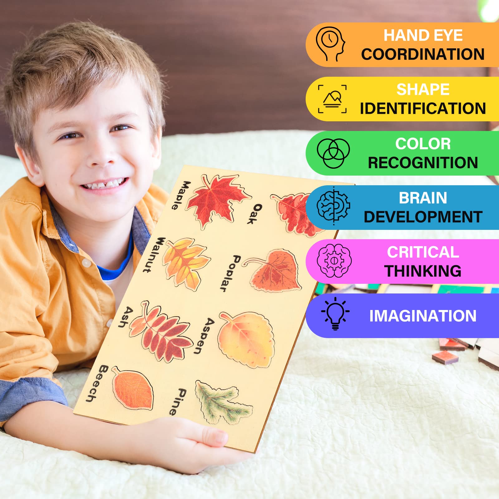 Kathfly 2-Piece Wooden Leaf Jigsaw Puzzle Set - 16 Colorful Leaves Montessori Educational Toy