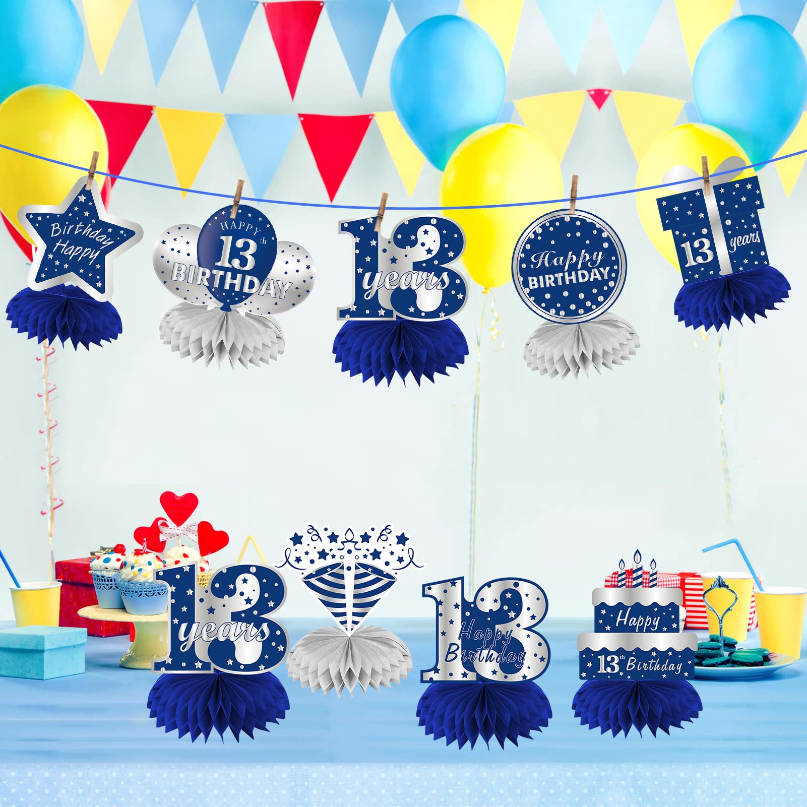 Kauayurk 8-Piece Blue Silver 13th Birthday Centerpieces for Boys