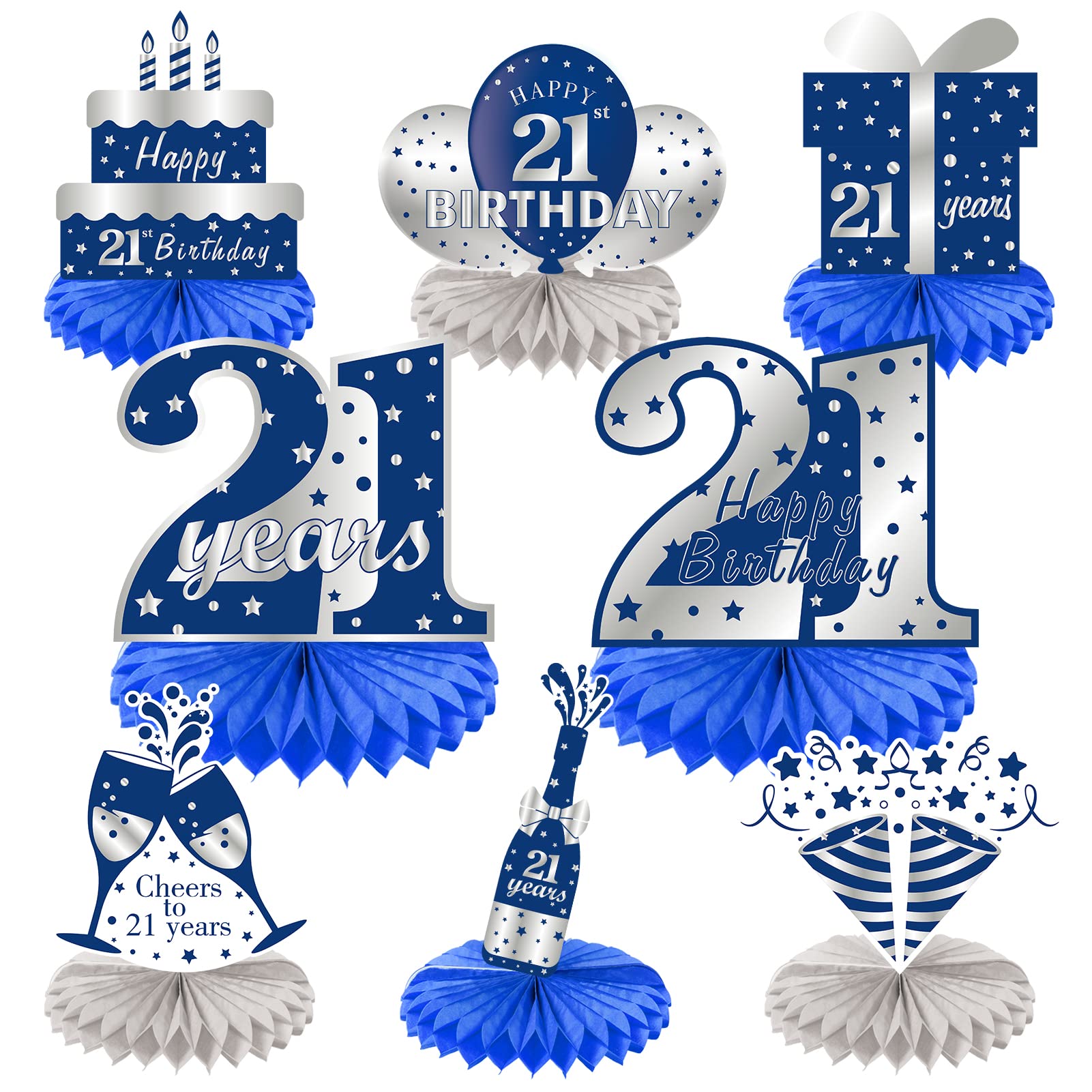 Kauayurk 8-Piece Blue Silver 21st Birthday Honeycomb Centerpieces Set