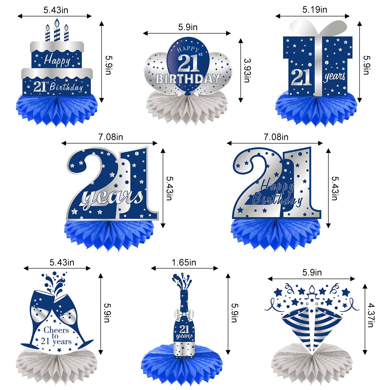 Kauayurk 8-Piece Blue Silver 21st Birthday Honeycomb Centerpieces Set