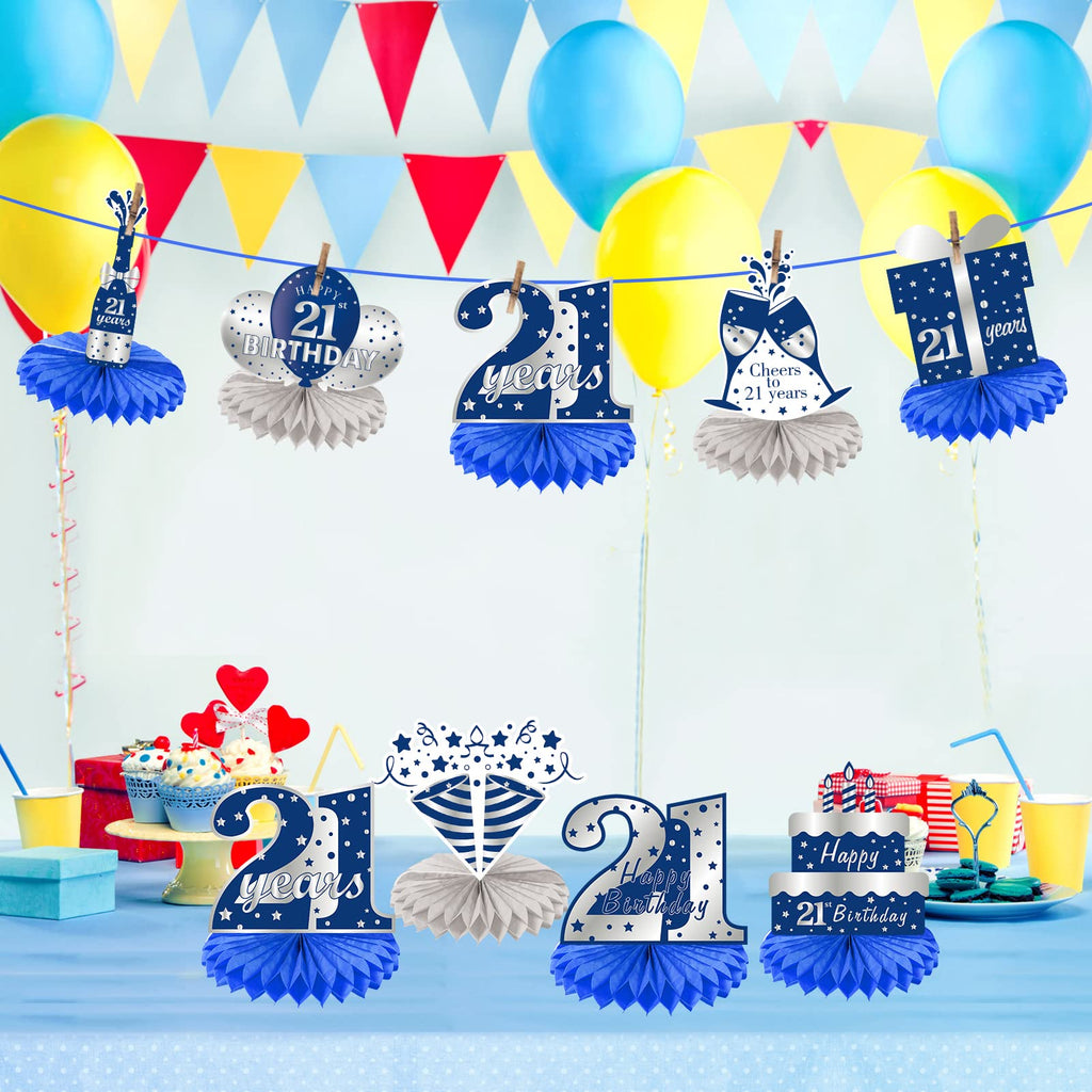 Kauayurk 8-Piece Blue Silver 21st Birthday Honeycomb Centerpieces Set