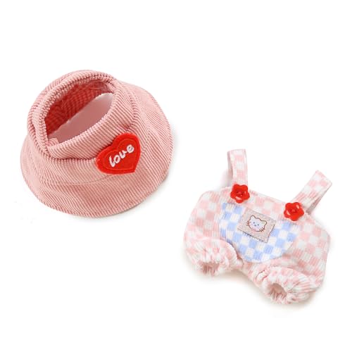 Kawaii Chic Style Set for 17cm Labubu Dolls – Pink White Check Romper & Heart Hat (Clothes Only)