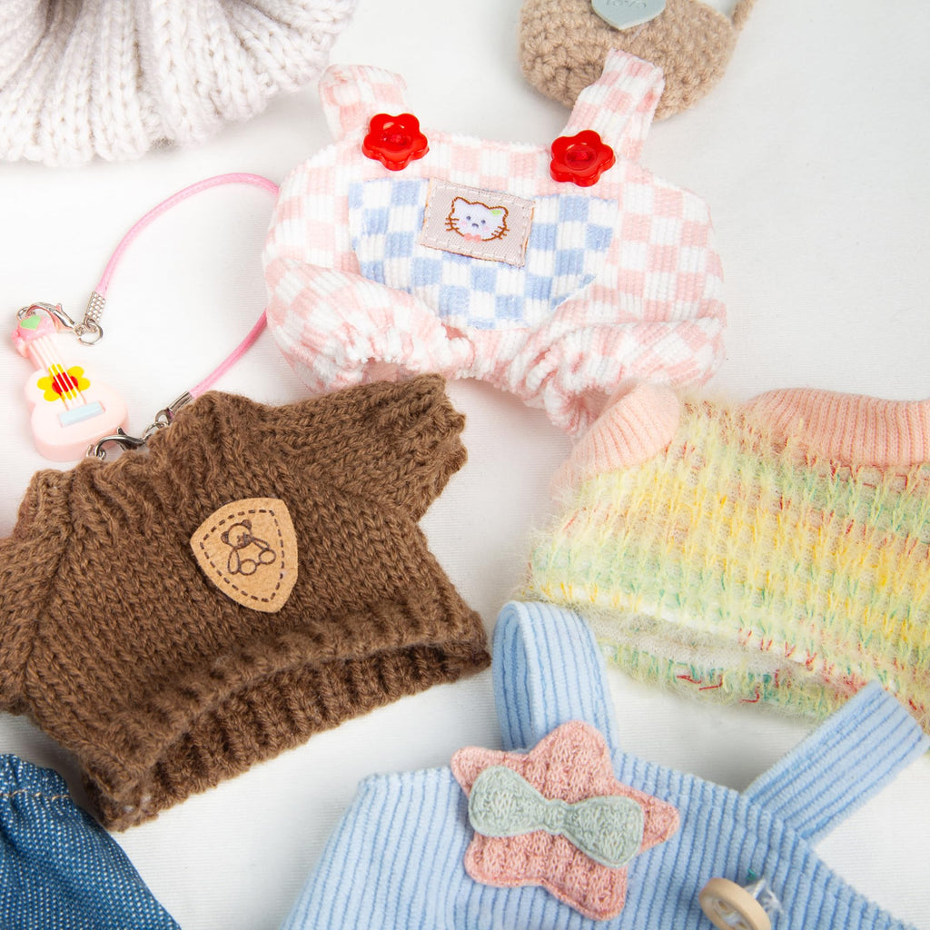 Kawaii Chic Style Set for 17cm Labubu Dolls – Pink White Check Romper & Heart Hat (Clothes Only)