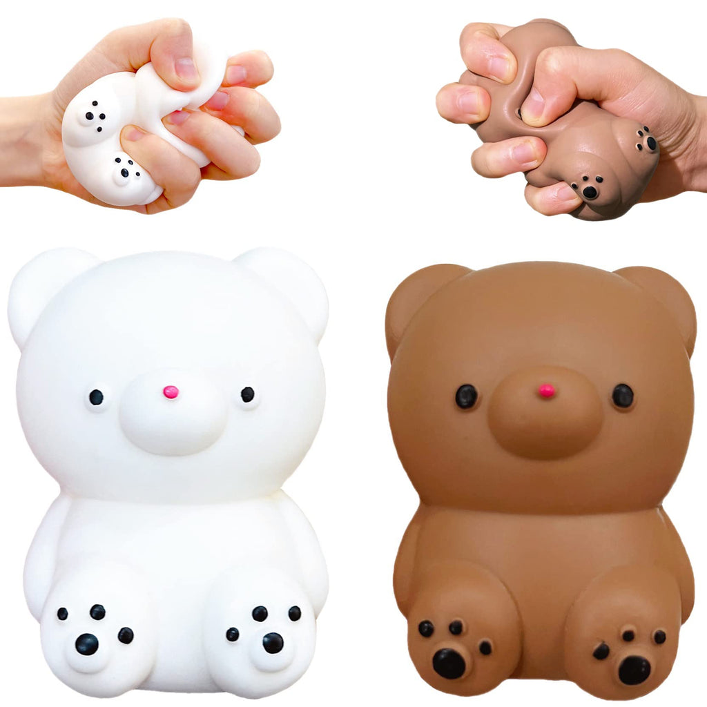 Kawaite 2 Pack Squishy Gummy Bear Stress Balls - White and Brown Dough Fidget Toy for Anxiety Relief and Focus
