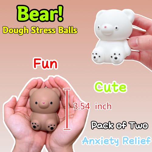 Kawaite 2 Pack Squishy Gummy Bear Stress Balls - White and Brown Dough Fidget Toy for Anxiety Relief and Focus