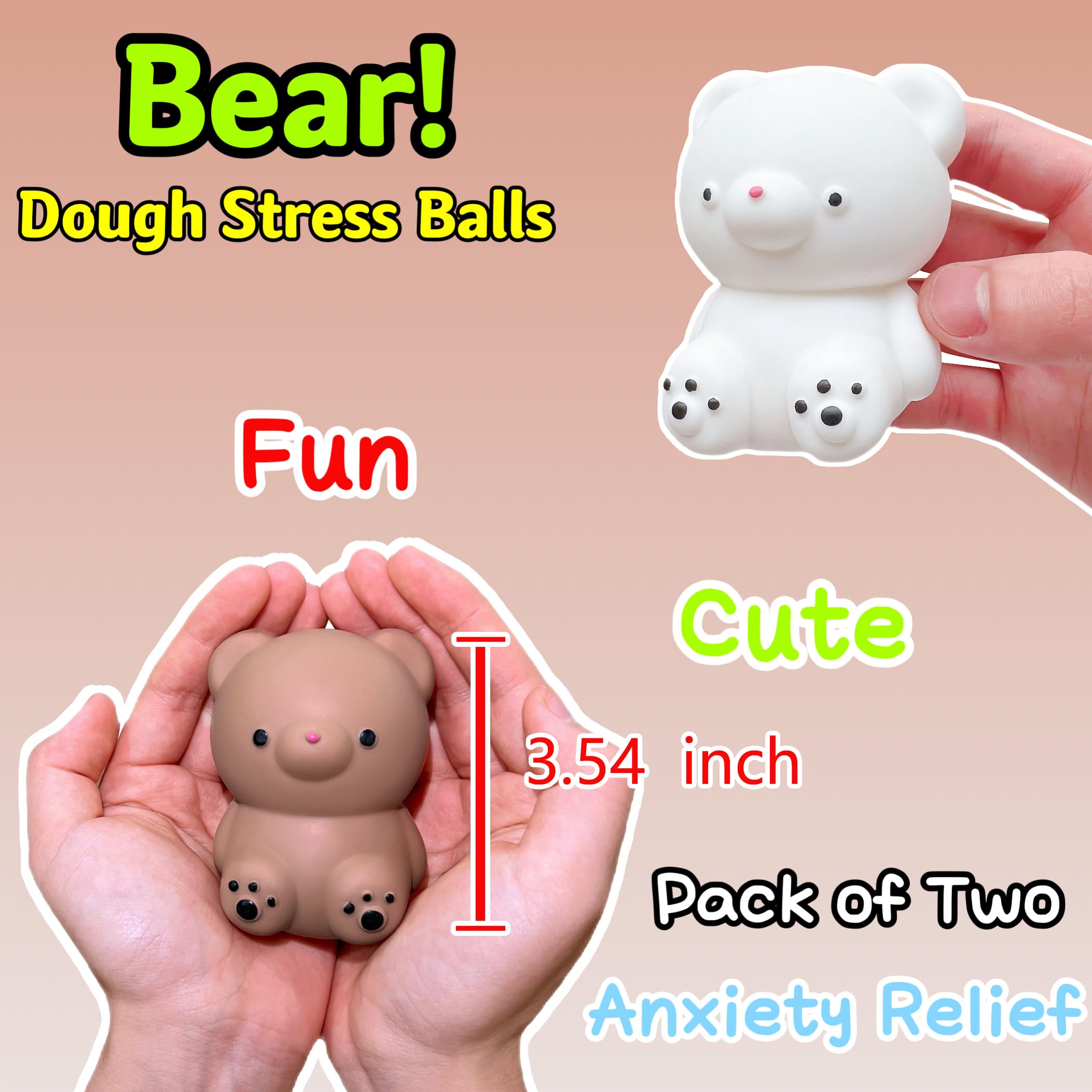 Kawaite 2 Pack Squishy Gummy Bear Stress Balls - White and Brown Dough Fidget Toy for Anxiety Relief and Focus