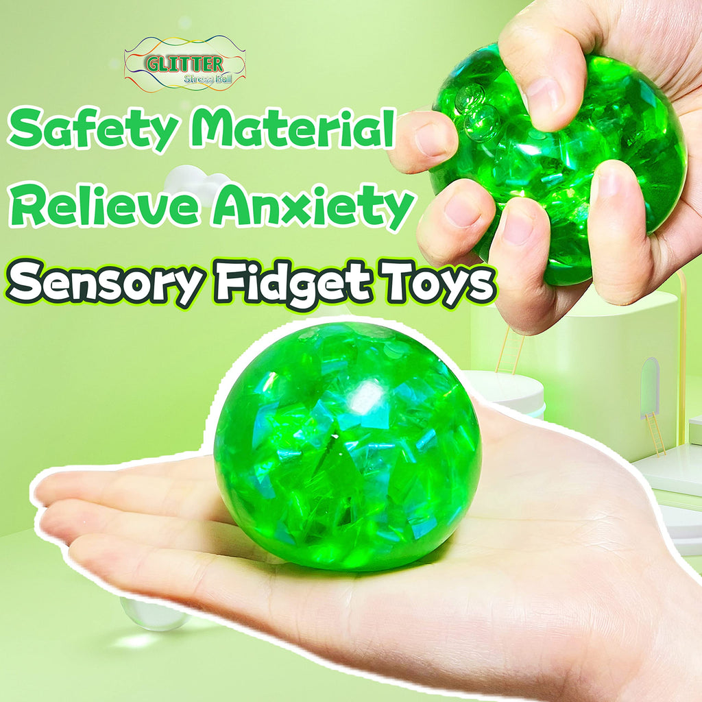 Kawaite Green Squishy Glitter Stress Ball - Stretchy Fidget Toy for Anxiety Relief, Party Favors, Classroom Prizes