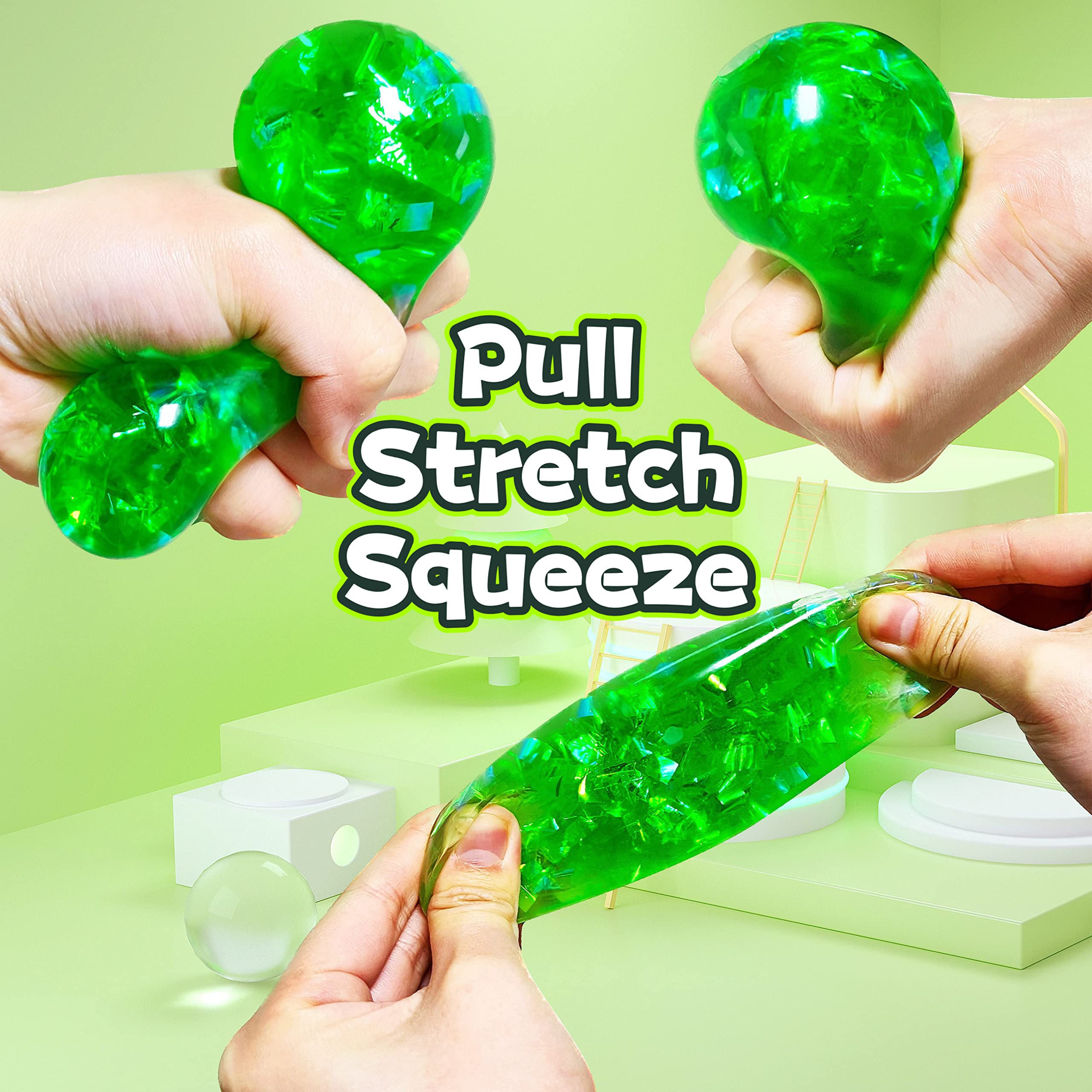 Kawaite Green Squishy Glitter Stress Ball - Stretchy Fidget Toy for Anxiety Relief, Party Favors, Classroom Prizes
