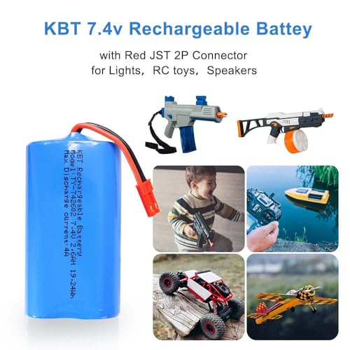 KBT 7.4V 2600mAh Li-ion Rechargeable Battery Pack with Red JST-2P Plug for RC Vehicles and Electronics
