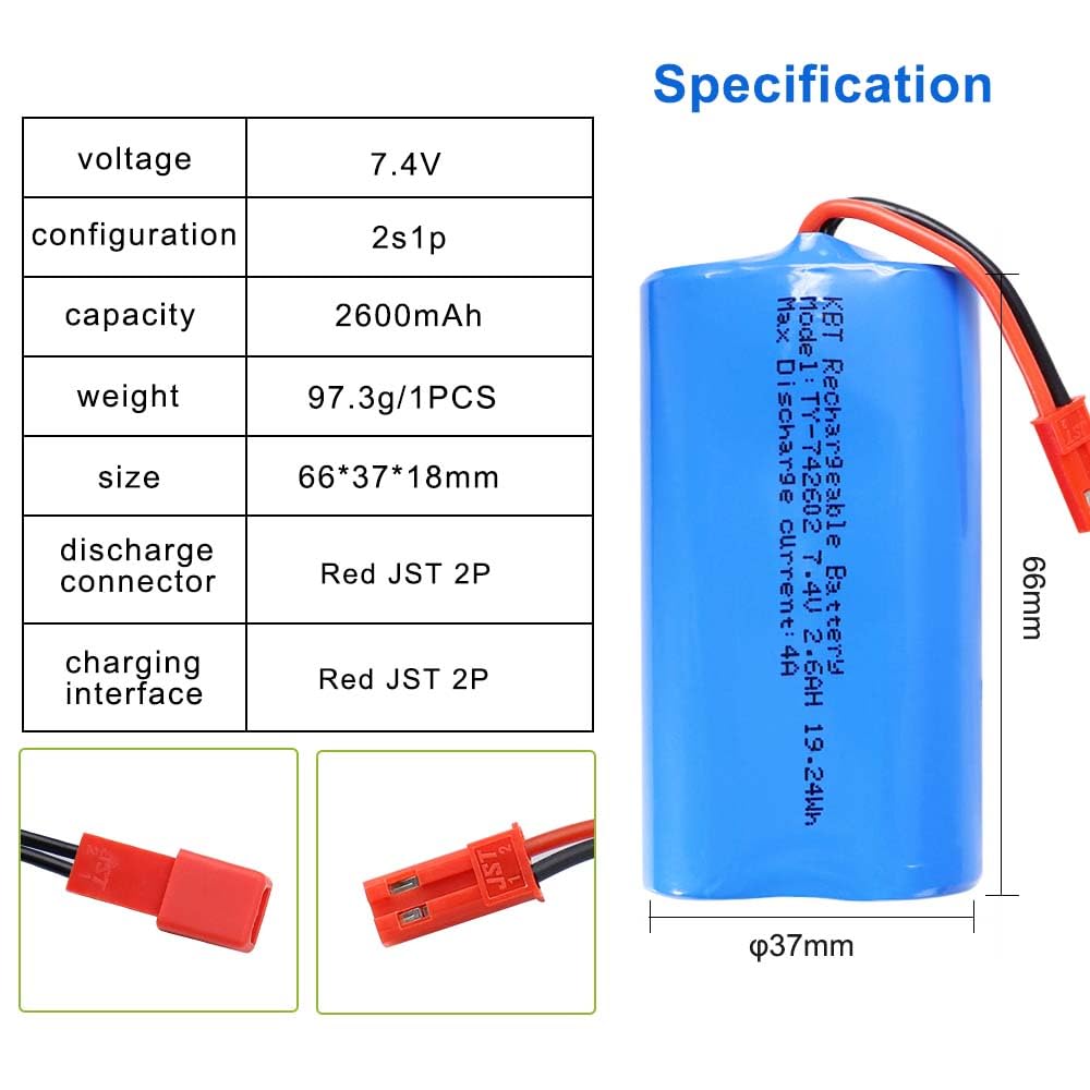 KBT 7.4V 2600mAh Li-ion Rechargeable Battery Pack with Red JST-2P Plug for RC Vehicles and Electronics