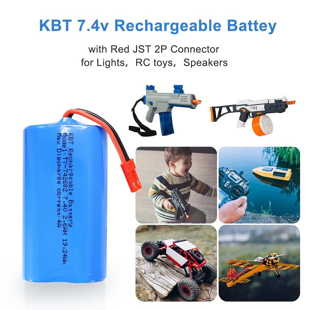 KBT 7.4V 2600mAh Li-ion Rechargeable Battery Pack with Red JST-2P Plug for RC Vehicles and Electronics