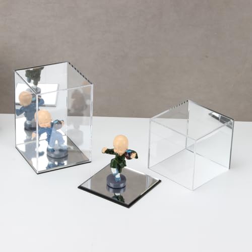 KCGANI Clear Acrylic Display Box with Mirror Back – 4x4x4 Inch Cube for Collectibles