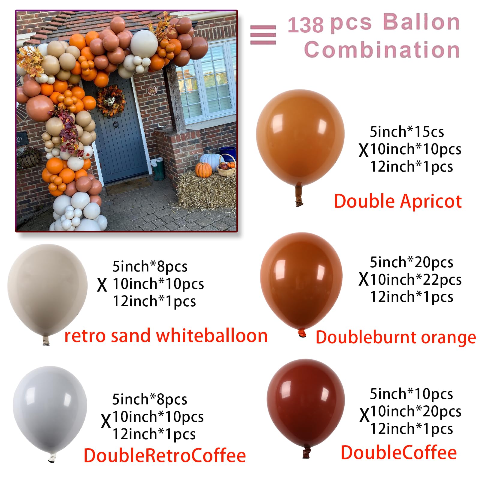 Kcoria 138-Piece Fall Balloon Garland Arch Kit - Double Stuffed Burnt Orange & Terracotta Balloons for Baby Shower, Birthday, Wedding Party Decor