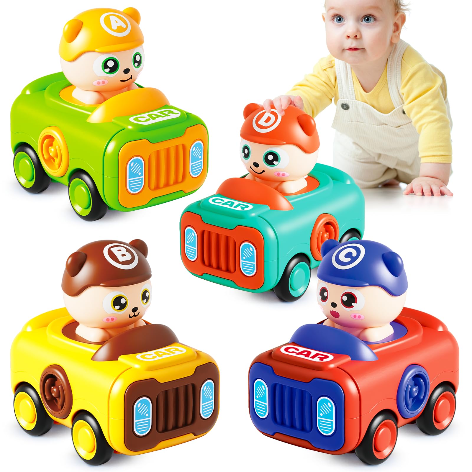 Keamaidy 4-Pack Press-to-Go Baby Car Toys for Toddlers 1-3, No-Battery Whistle Push Cars