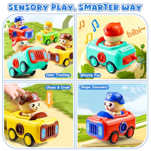 Keamaidy 4-Pack Press-to-Go Baby Car Toys for Toddlers 1-3, No-Battery Whistle Push Cars