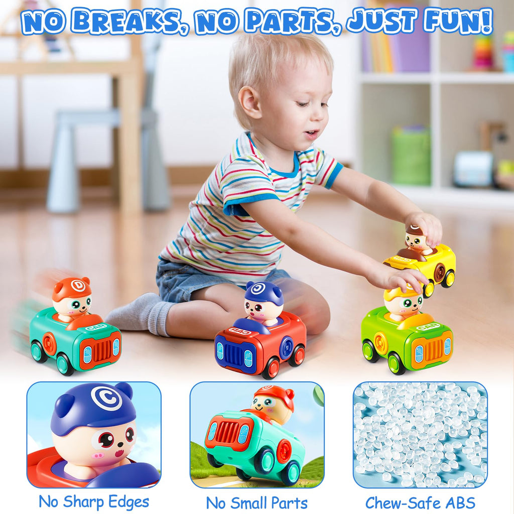Keamaidy 4-Pack Press-to-Go Baby Car Toys for Toddlers 1-3, No-Battery Whistle Push Cars