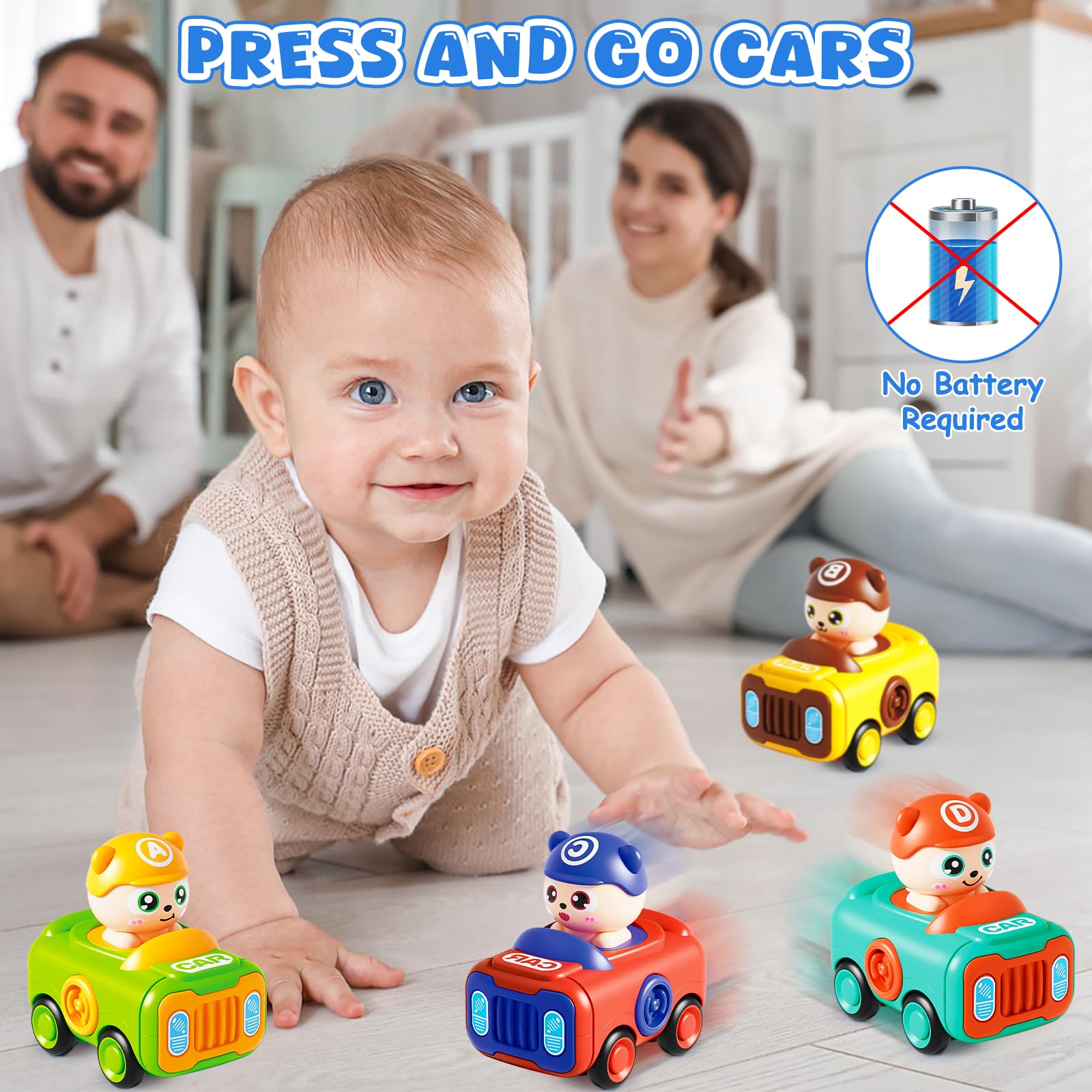 Keamaidy 4-Pack Press-to-Go Baby Car Toys for Toddlers 1-3, No-Battery Whistle Push Cars