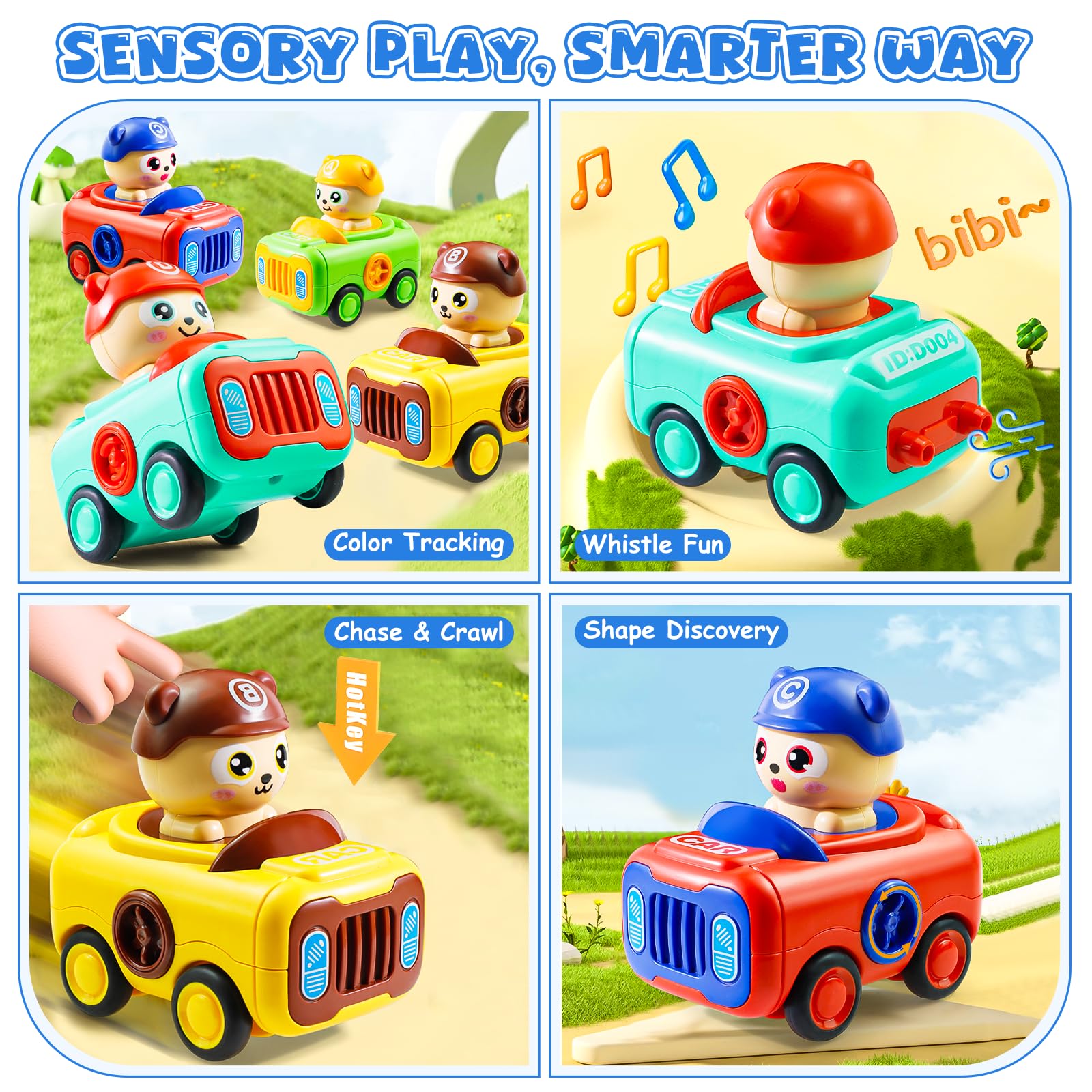 Keamaidy 4-Pack Press-to-Go Baby Car Toys for Toddlers 1-3, No-Battery Whistle Push Cars
