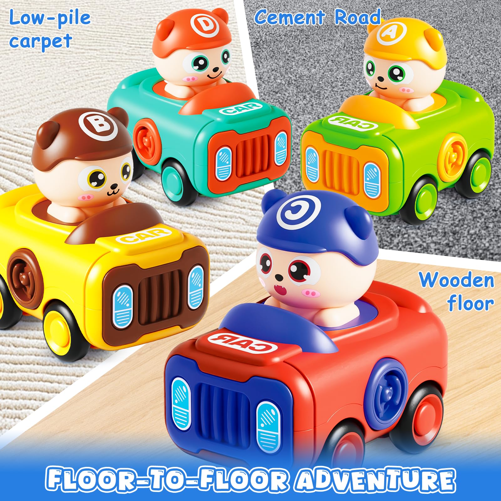 Keamaidy 4-Pack Press-to-Go Baby Car Toys for Toddlers 1-3, No-Battery Whistle Push Cars
