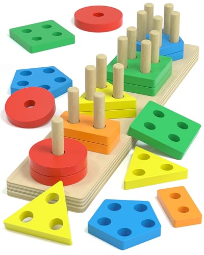 kecristv Montessori Shape Sorter – 20-Piece Wooden Stacking Toy for Toddlers Ages 1-3