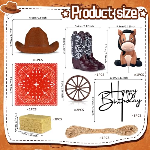 KEEPARTY 11-Piece Cowboy Cake Toppers – Hat, Boot, Horse, and Western Decorations for Birthday or Baby Shower