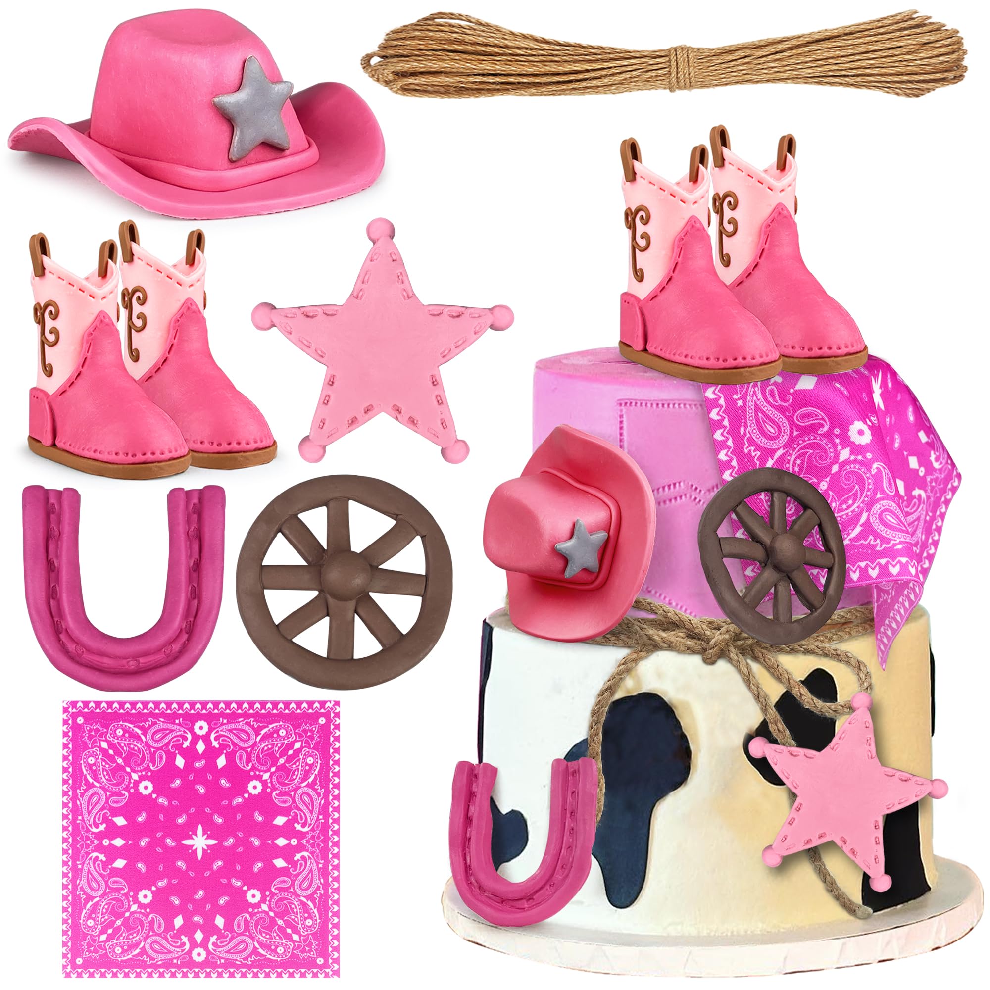 KEEPARTY Cowgirl Cake Toppers Set – Hat, Boot, Star, Horseshoe & More for Western Theme Parties
