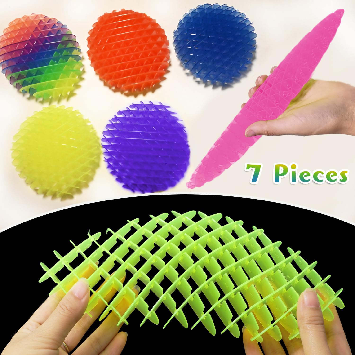 KEJIH 7-Pack Fidget Worm Toy - Stretchy Sensory Slug for Stress Relief, Quiet Anxiety Toy for Kids & Adults, Multicolor Elastic Mesh Fidgets (7 Colors)