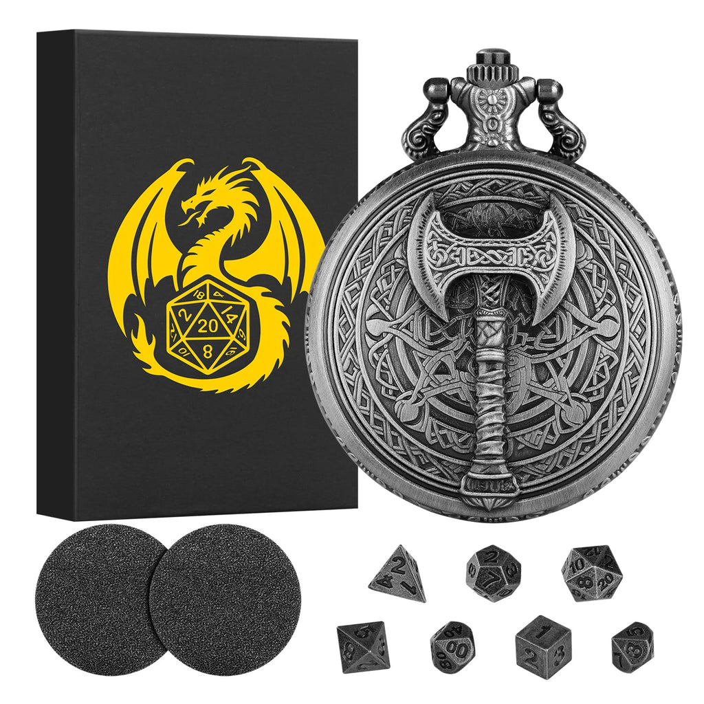 Keller & Weber Mini DND Dice Set in Steampunk Barbarian Axe Pocket Watch Case – 7 Polyhedral Metal Dice for D&D, Dark Silver