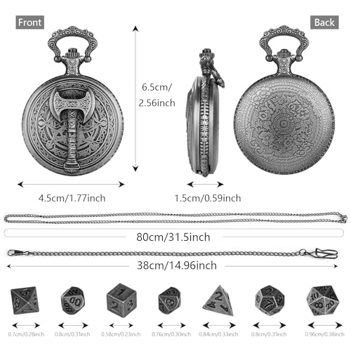 Keller & Weber Mini DND Dice Set in Steampunk Barbarian Axe Pocket Watch Case – 7 Polyhedral Metal Dice for D&D, Dark Silver