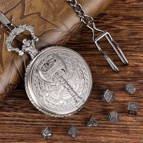 Keller & Weber Mini DND Dice Set in Steampunk Barbarian Axe Pocket Watch Case – 7 Polyhedral Metal Dice for D&D, Dark Silver