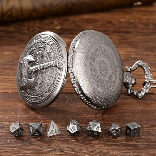Keller & Weber Mini DND Dice Set in Steampunk Barbarian Axe Pocket Watch Case – 7 Polyhedral Metal Dice for D&D, Dark Silver