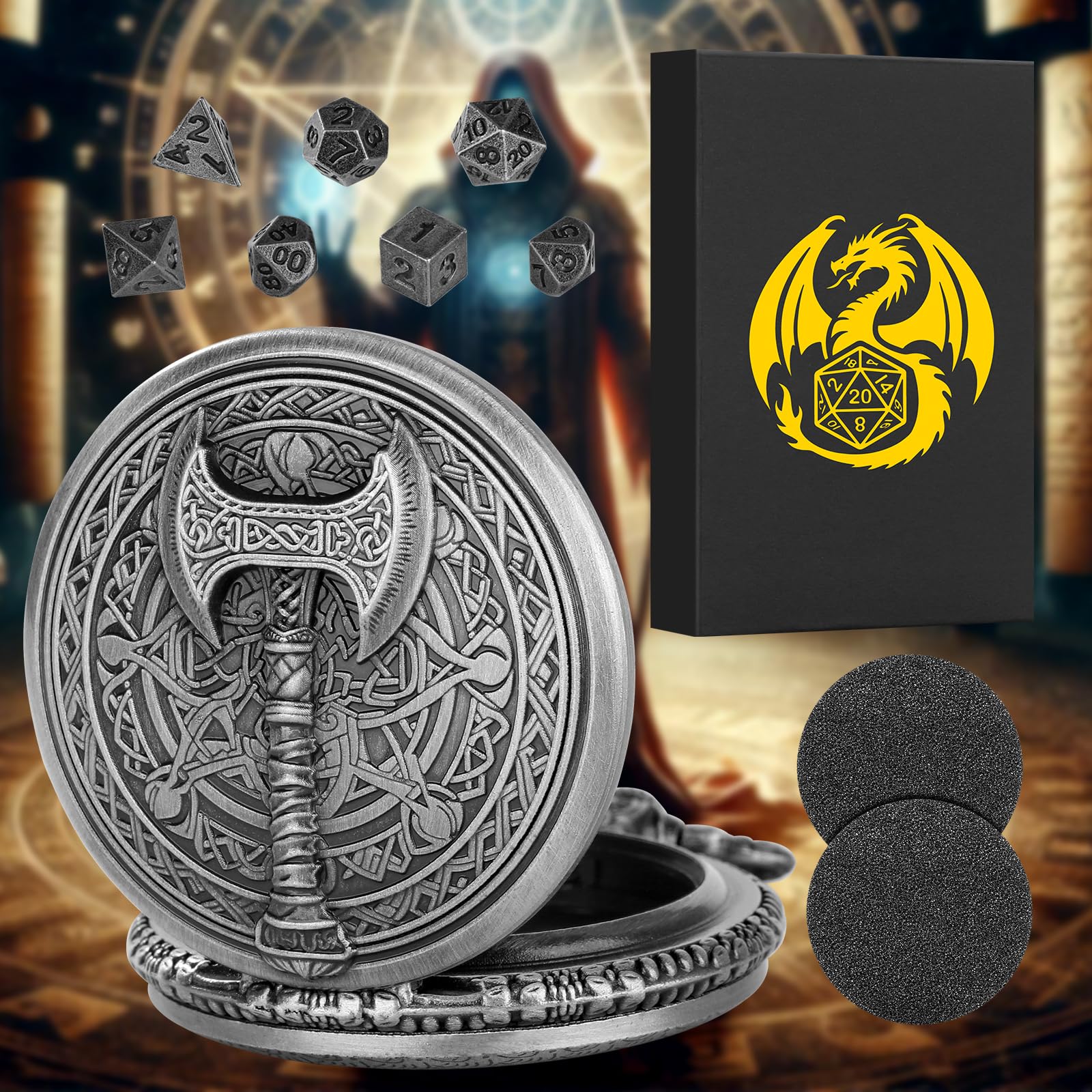 Keller & Weber Mini DND Dice Set in Steampunk Barbarian Axe Pocket Watch Case – 7 Polyhedral Metal Dice for D&D, Dark Silver