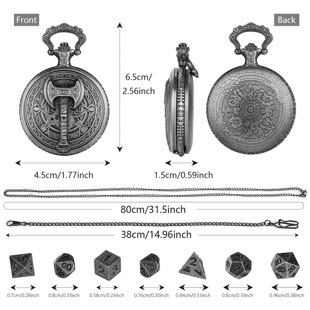 Keller & Weber Mini DND Dice Set in Steampunk Barbarian Axe Pocket Watch Case – 7 Polyhedral Metal Dice for D&D, Dark Silver