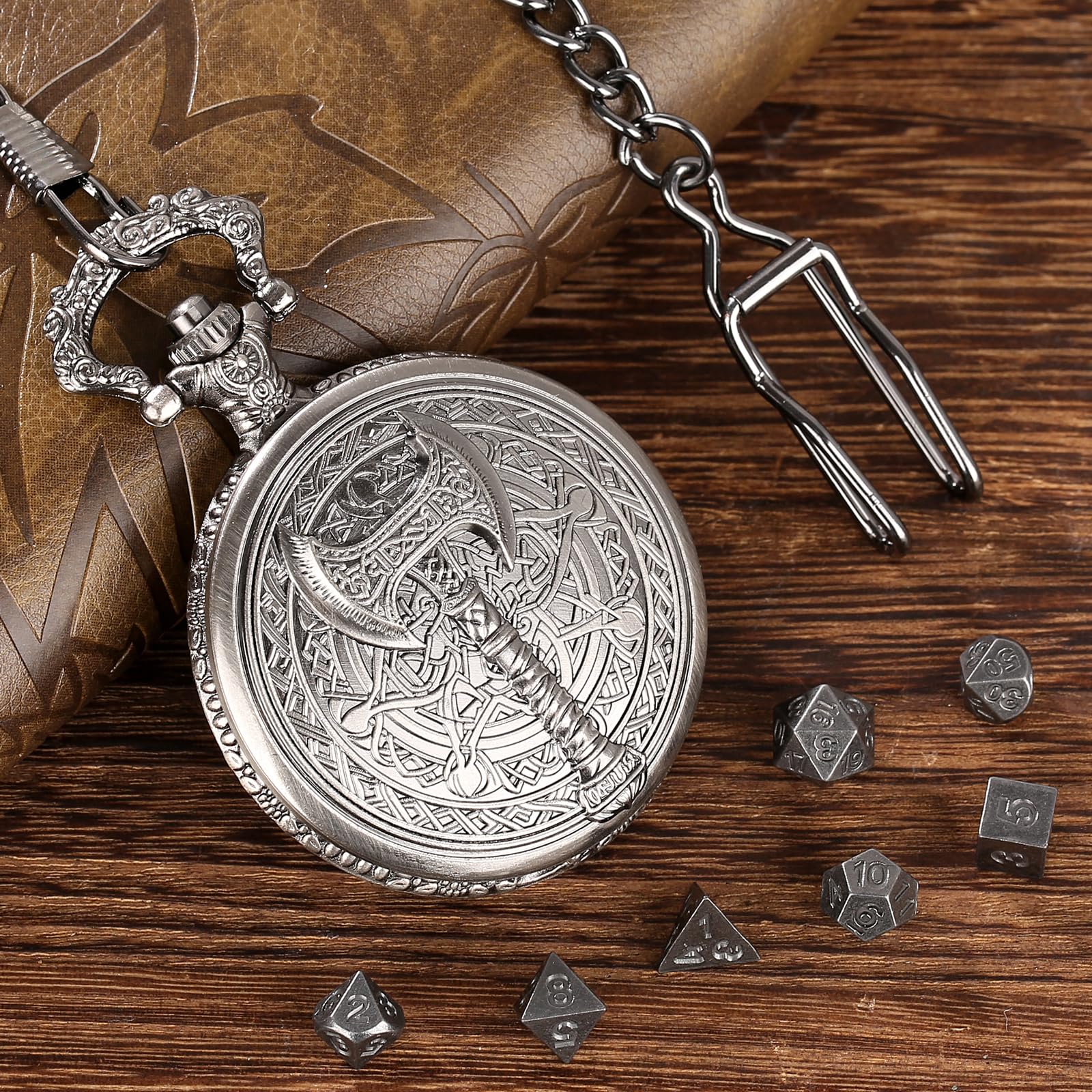 Keller & Weber Mini DND Dice Set in Steampunk Barbarian Axe Pocket Watch Case – 7 Polyhedral Metal Dice for D&D, Dark Silver
