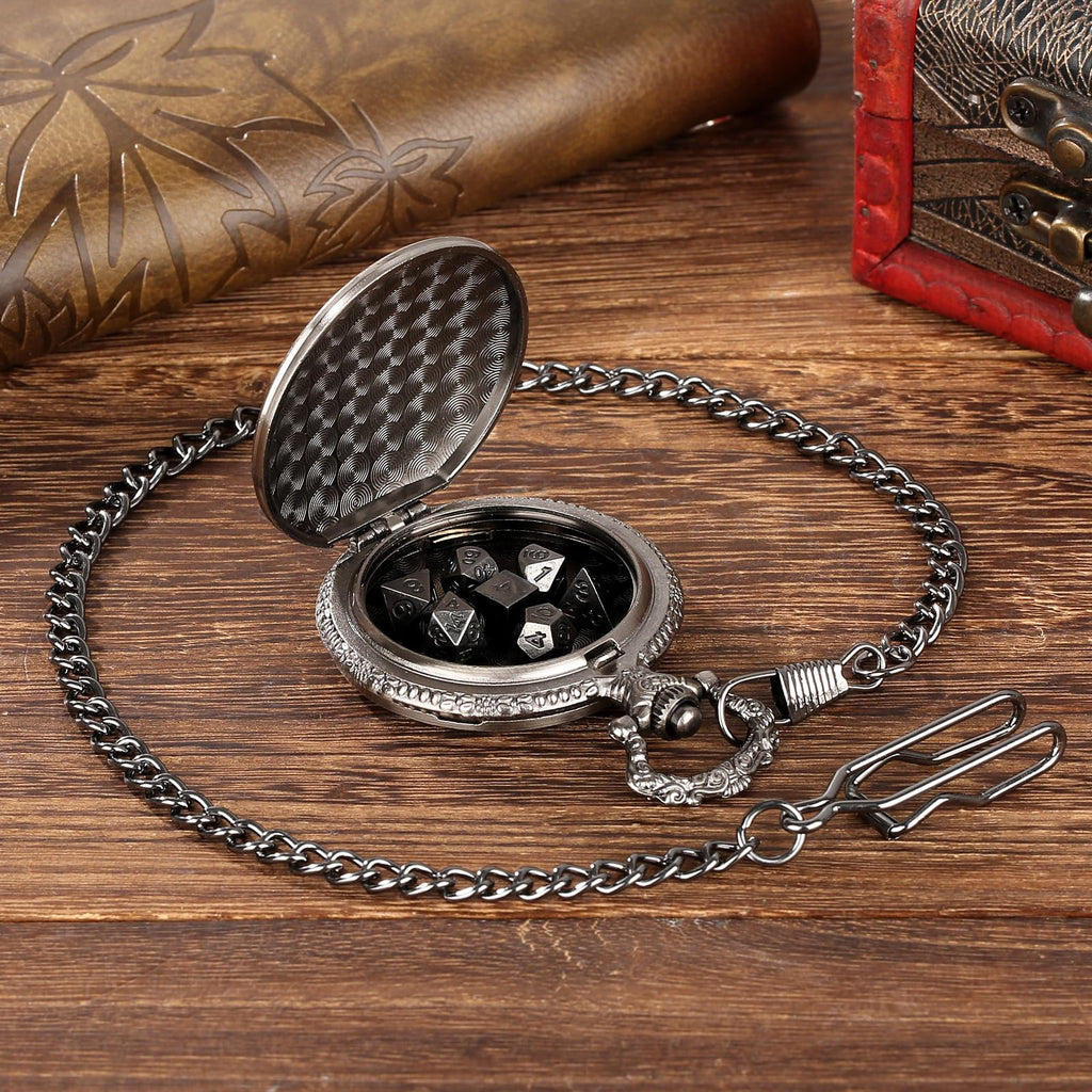 Keller & Weber Mini DND Dice Set in Steampunk Barbarian Axe Pocket Watch Case – 7 Polyhedral Metal Dice for D&D, Dark Silver