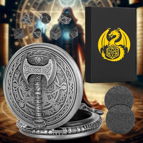 Keller & Weber Mini DND Dice Set in Steampunk Barbarian Axe Pocket Watch Case – 7 Polyhedral Metal Dice for D&D, Dark Silver