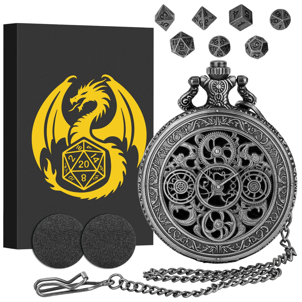 Keller & Weber Mini DND Dice Set in Steampunk Hollow Gear Pocket Watch Case – 7-Piece Polyhedral Metal Dice with Gift Box, Dark Silver