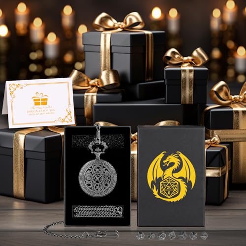 Keller & Weber Mini DND Dice Set in Steampunk Hollow Gear Pocket Watch Case – 7-Piece Polyhedral Metal Dice with Gift Box, Dark Silver