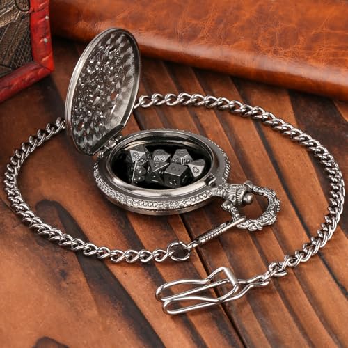 Keller & Weber Mini DND Dice Set in Steampunk Hollow Gear Pocket Watch Case – 7-Piece Polyhedral Metal Dice with Gift Box, Dark Silver