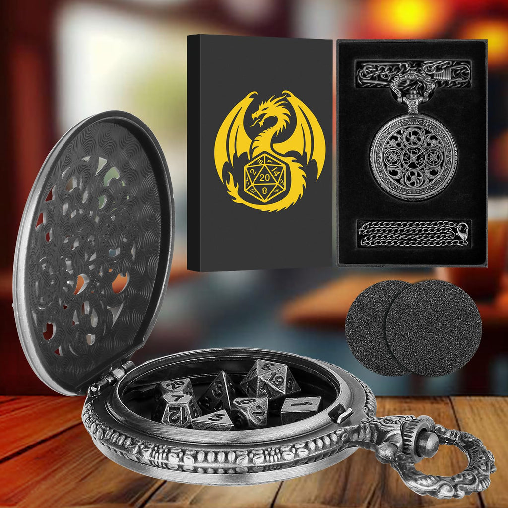 Keller & Weber Mini DND Dice Set in Steampunk Hollow Gear Pocket Watch Case – 7-Piece Polyhedral Metal Dice with Gift Box, Dark Silver