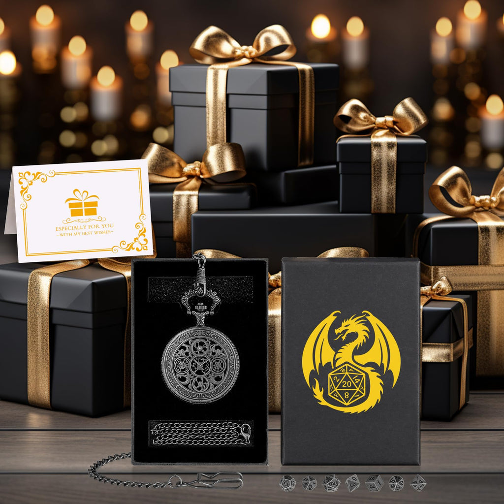 Keller & Weber Mini DND Dice Set in Steampunk Hollow Gear Pocket Watch Case – 7-Piece Polyhedral Metal Dice with Gift Box, Dark Silver
