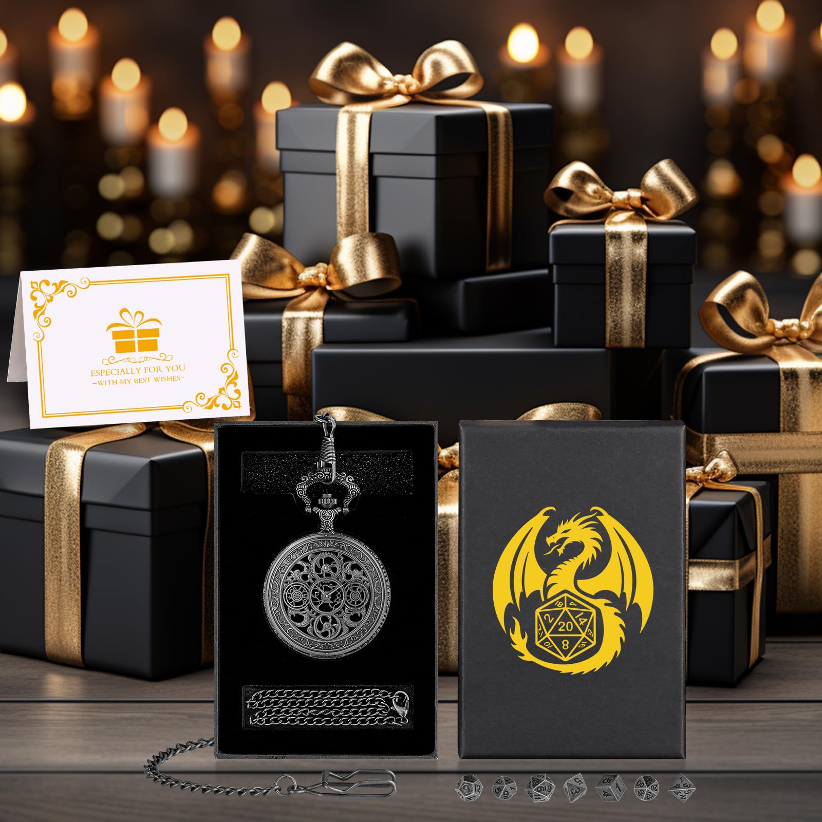 Keller & Weber Mini DND Dice Set in Steampunk Hollow Gear Pocket Watch Case – 7-Piece Polyhedral Metal Dice with Gift Box, Dark Silver