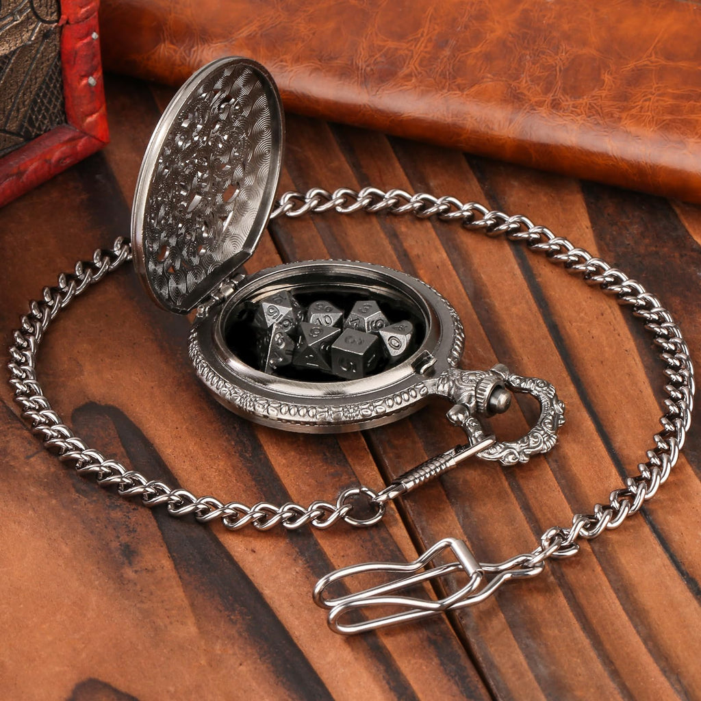 Keller & Weber Mini DND Dice Set in Steampunk Hollow Gear Pocket Watch Case – 7-Piece Polyhedral Metal Dice with Gift Box, Dark Silver