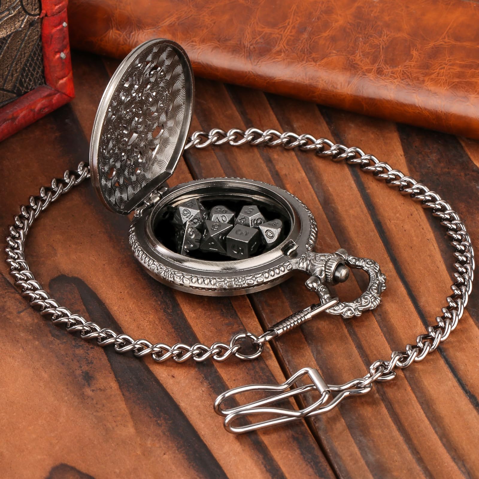 Keller & Weber Mini DND Dice Set in Steampunk Hollow Gear Pocket Watch Case – 7-Piece Polyhedral Metal Dice with Gift Box, Dark Silver