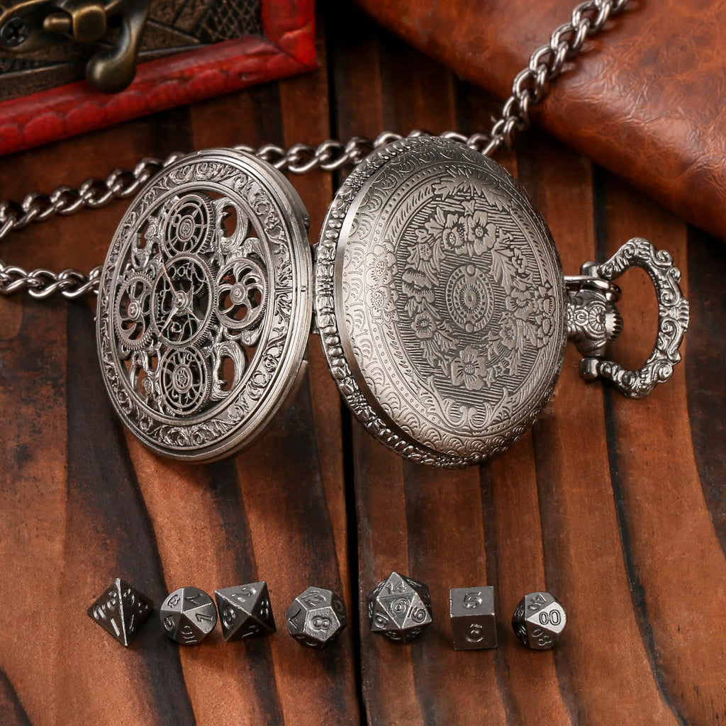 Keller & Weber Mini DND Dice Set in Steampunk Hollow Gear Pocket Watch Case – 7-Piece Polyhedral Metal Dice with Gift Box, Dark Silver