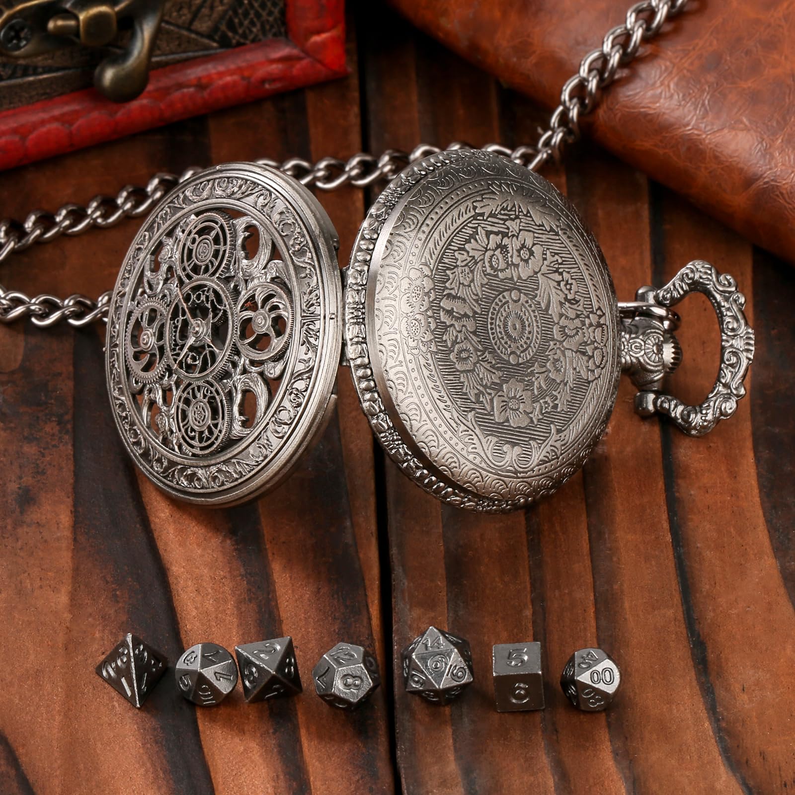 Keller & Weber Mini DND Dice Set in Steampunk Hollow Gear Pocket Watch Case – 7-Piece Polyhedral Metal Dice with Gift Box, Dark Silver