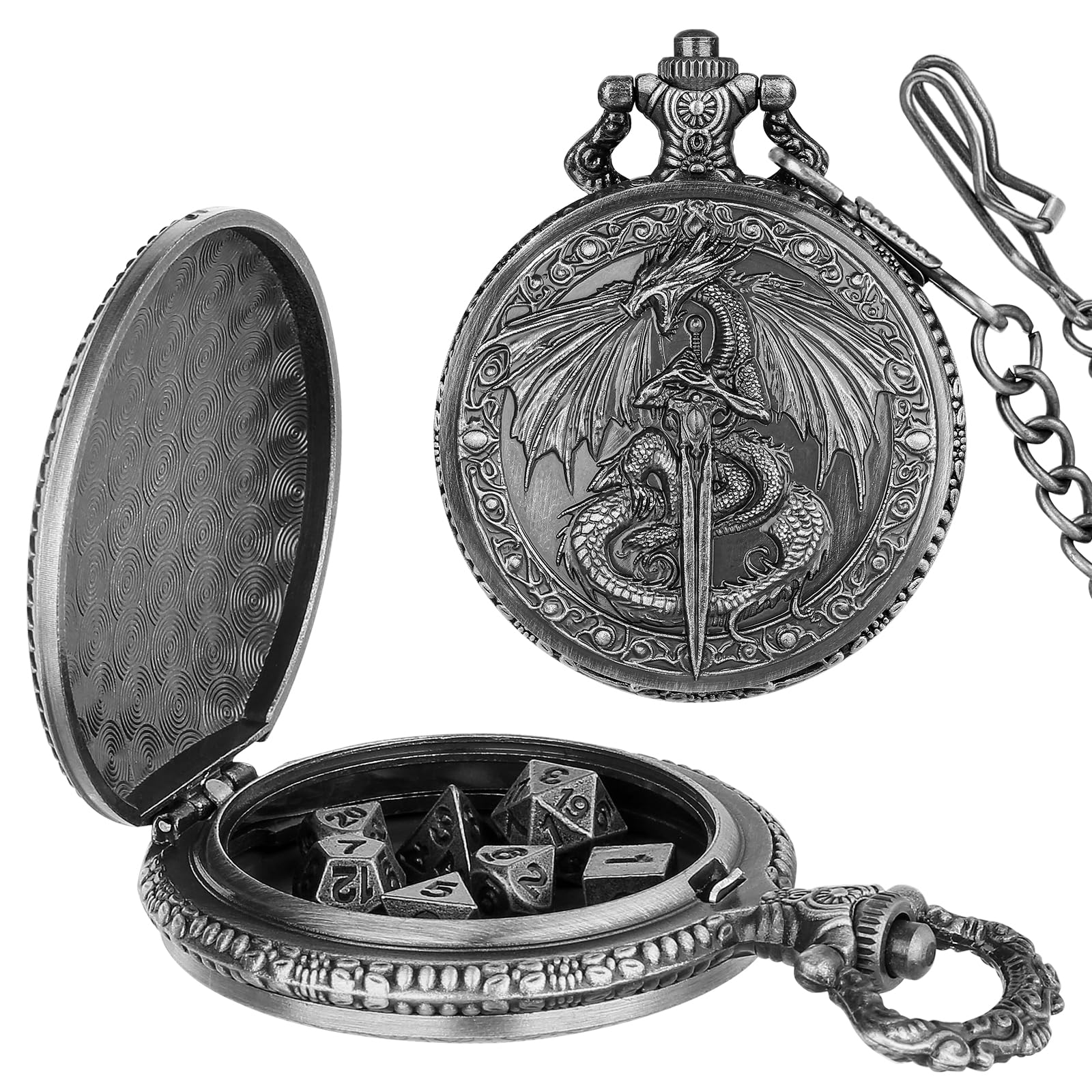 Keller & Weber Mini DND Dice Set with Flying Dragon Pocket Watch Case – 7 Polyhedral Metal Dice & Gift Bag